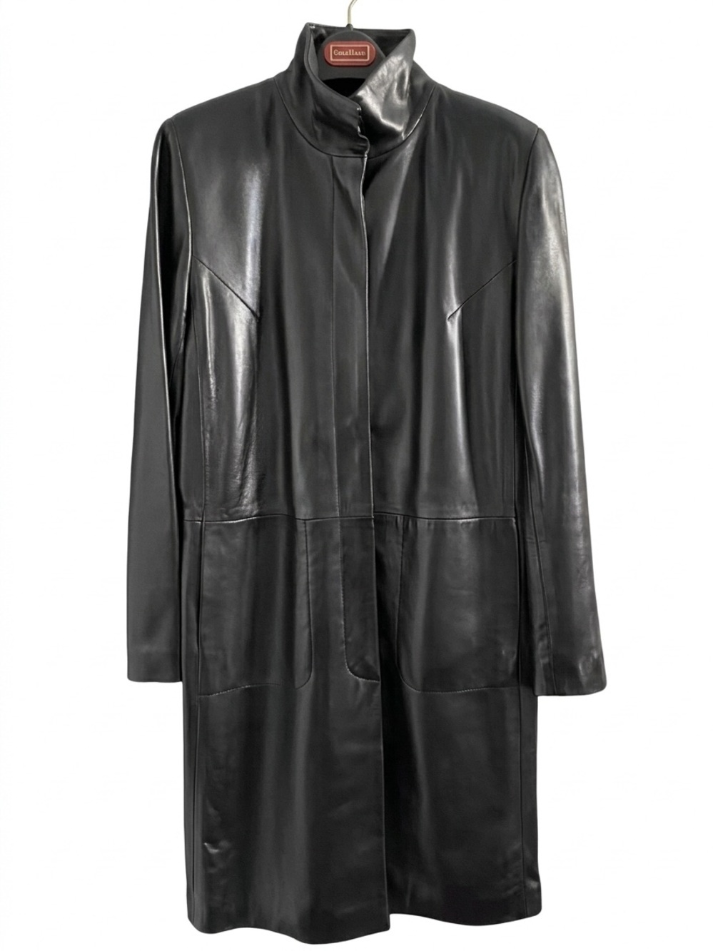 COLE HAAN CITY BLACK wing collar MID length lamb skin LEATHER COAT